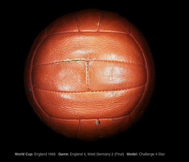 1966年，英国主办的世界杯足球赛上，英国和德国决赛用的特制版史莱辛格比赛用球。