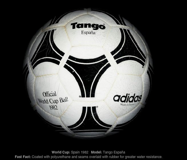 1982年，西班牙主办的世界杯足球比赛正式用球，阿迪达斯的西班牙探戈。据称该球提高了防水质量，是世界杯使
