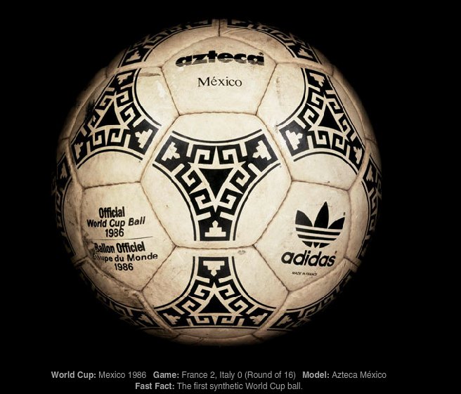 1986年，墨西哥主办的世界杯足球比赛正式用球，阿迪达斯的阿兹特克是第一个全合成革世界杯用球。该设计灵感