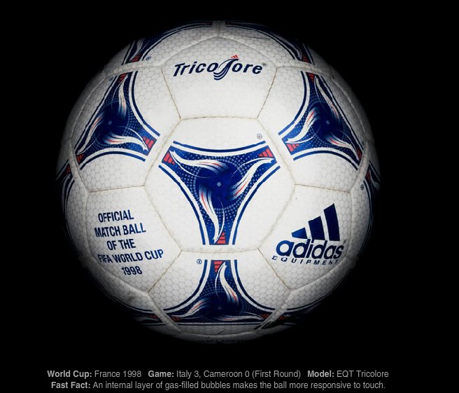 1998年法国主办的世界杯足球比赛正式用球，阿迪达斯的三色球。蓝色三合一加公鸡图案的设计代表了法国国旗的