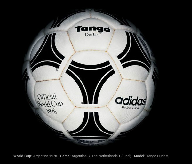 1978年阿根廷主办的世界杯足球比赛正式用球，阿迪达斯·探戈·杜拉斯特。这种设计用了二十年。当时，它是有