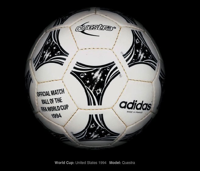 1994年，美国主办的世界杯足球比赛正式用球阿迪达斯的奎斯特拉。这种球深受前锋的喜爱，因为它最适宜速度和